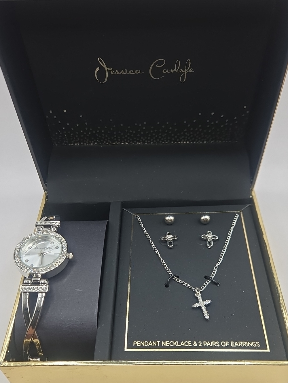 NEW Jessica Carlyle Silver-Tone Watch & Cross Necklace Jewelry Set